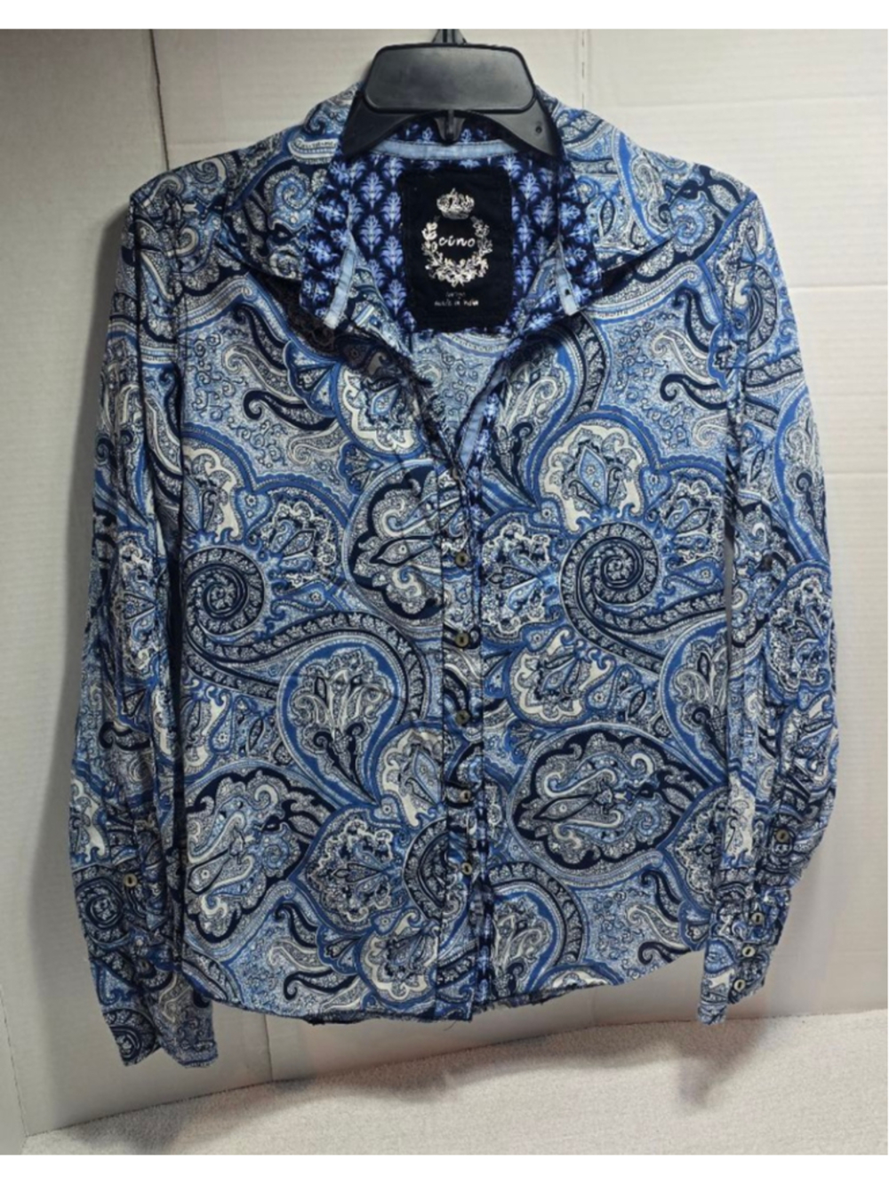 Women's Cino Blue & White Paisley Button Down Shirt L